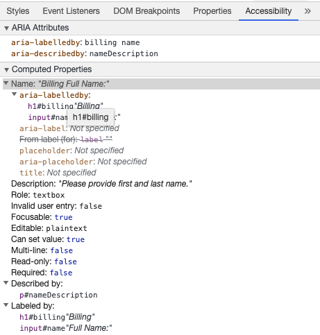 Chrome开发工具显示aria-labelledby的输入可访问名称和aria-describedby的描述