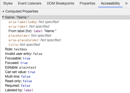 Chrome开发工具显示可从标签输入的可访问名称